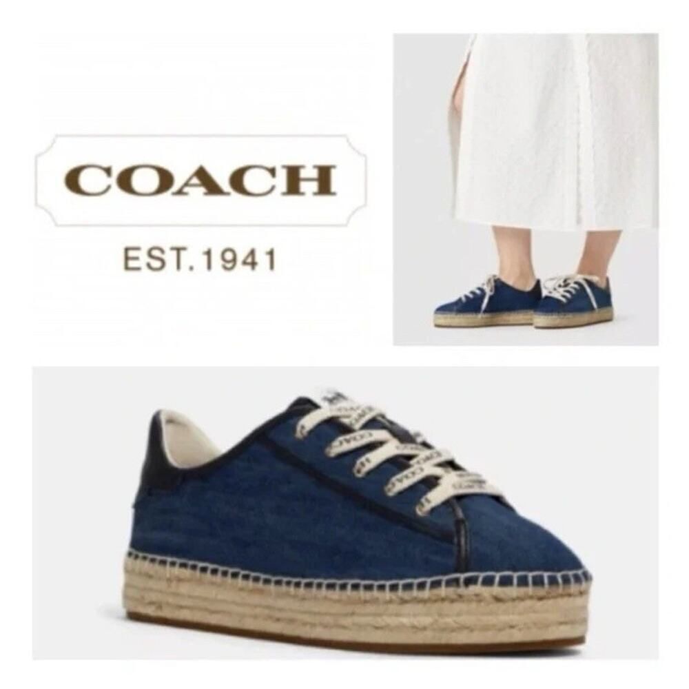 NEW Coach Cate Denim Espadrille Sneakers sz 7.5 Blue Jute Platform Summer Shoes
